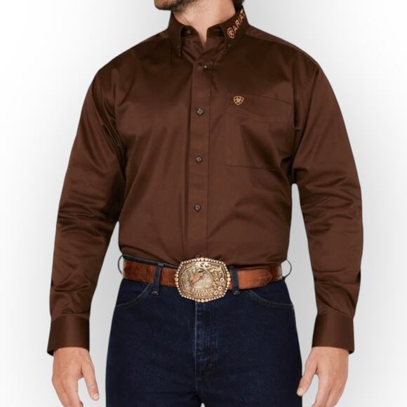 Ariat Men’s Shirt Solid Twill Brown Orange Button Down Long Sleeves 2012 - Picture 1 of 12